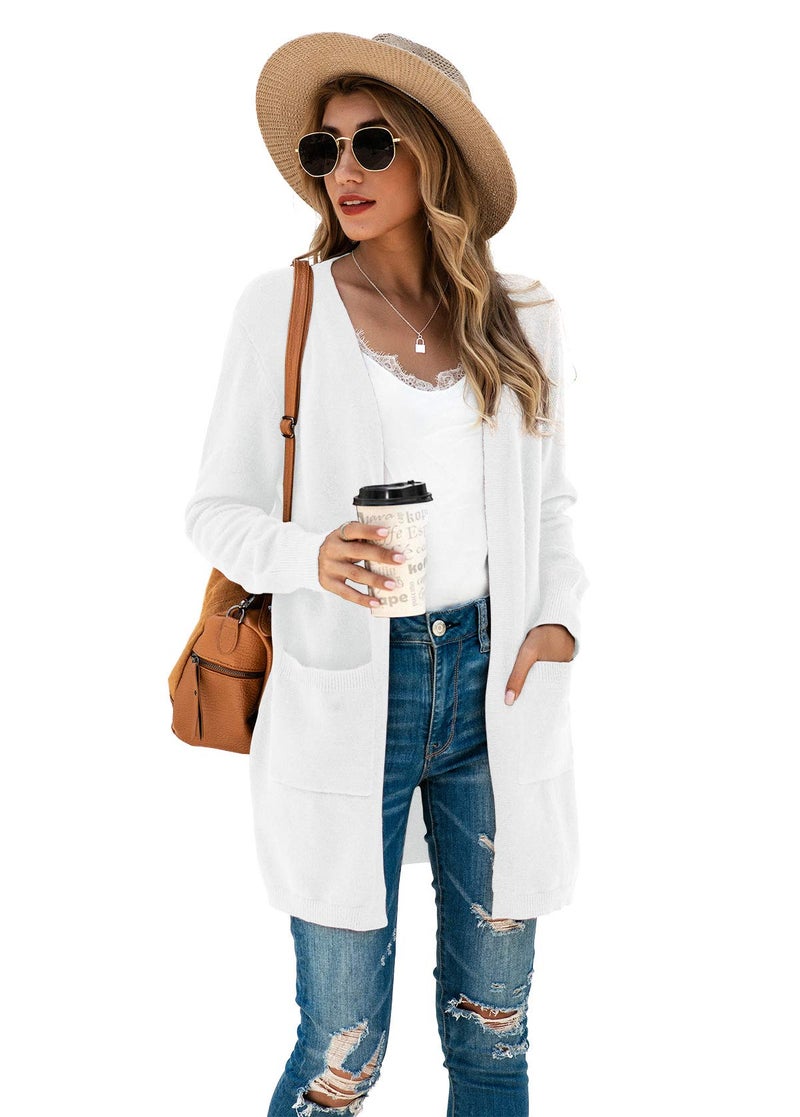 TASAMO Women's Loose Open Front Long Sleeve Solid Color Knit Cardigans Sweater Blouses with Packets (2X-Large,White) - Image 2
